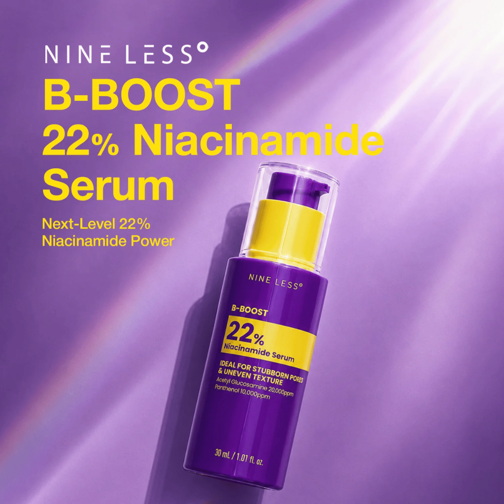6. NINE LESS B-Boost 22% Niacinamide Serum – frasco de sérum morado con etiqueta amarilla para los poros visibles