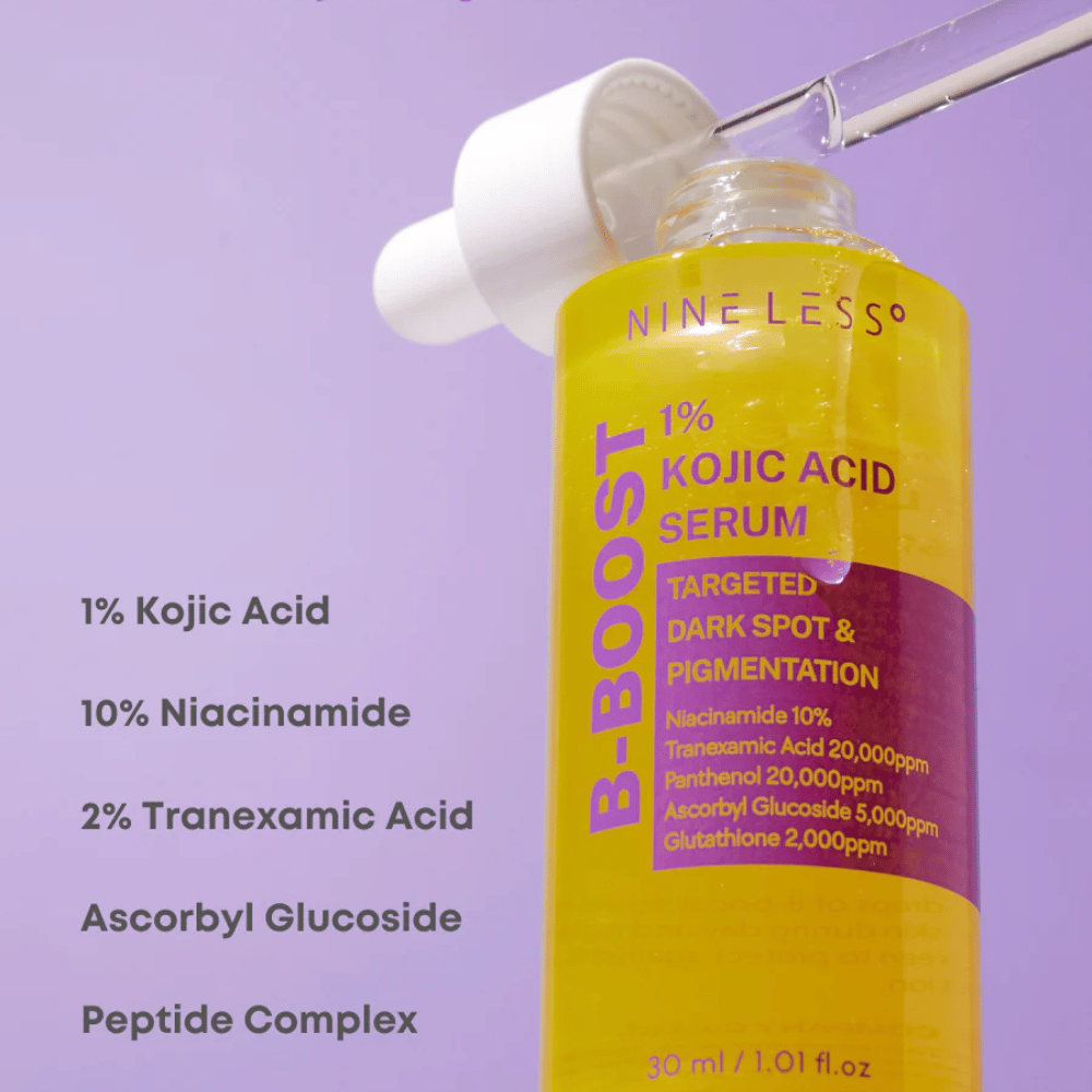 B-Boost 1% Kojic Acid Serum en frascos con pipeta, para manchas oscuras y pigmentación.