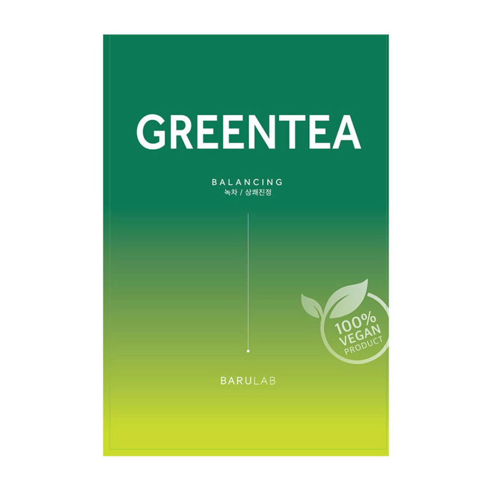 Un paquete de BARULAB máscara "GREENTEA Balancing", etiquetado como "100% Vegan Product". El paquete tiene un degradado de color de verde oscuro a amarillo claro.