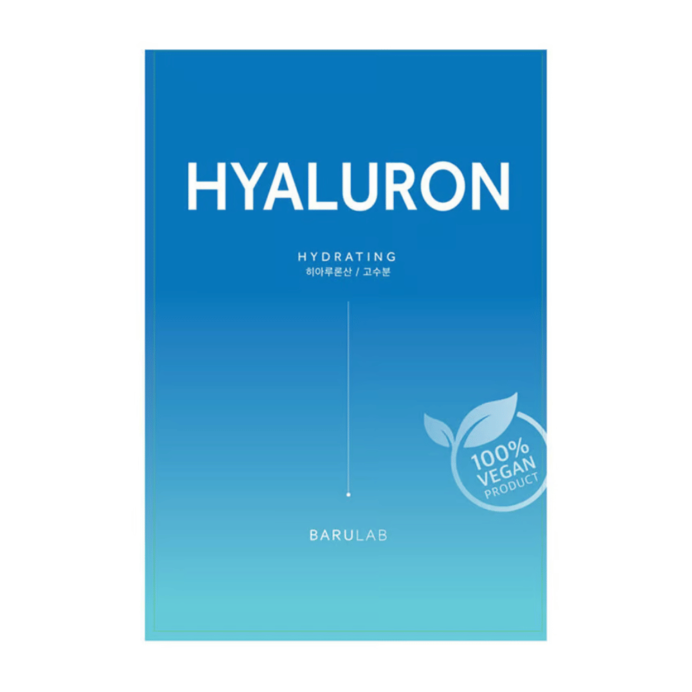 Un paquete de BARULAB máscara "HYALURON Hydrating", etiquetado como "100% Producto Vegano". El paquete tiene un degradado de color de azul oscuro en la parte superior a azul claro en la parte inferior.