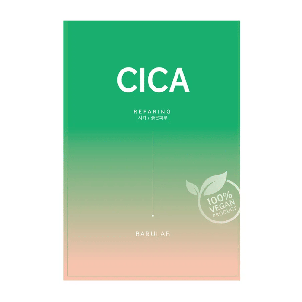 Un paquete de BARULAB para una máscara "CICA Repairing", notado como "100% Vegan Product". El paquete tiene un color degradado que pasa de un verde oscuro a tonos más claros hacia la parte inferior.