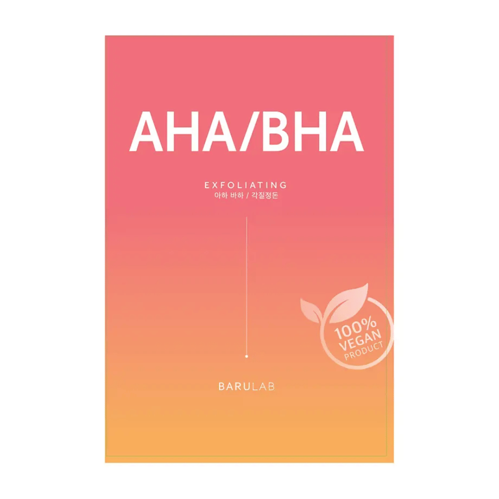 Un embalaje de producto BARULAB para una máscara "AHA/BHA Exfoliante", anotado como "Producto 100% Vegano". El embalaje cambia de color de rojo a amarillo.