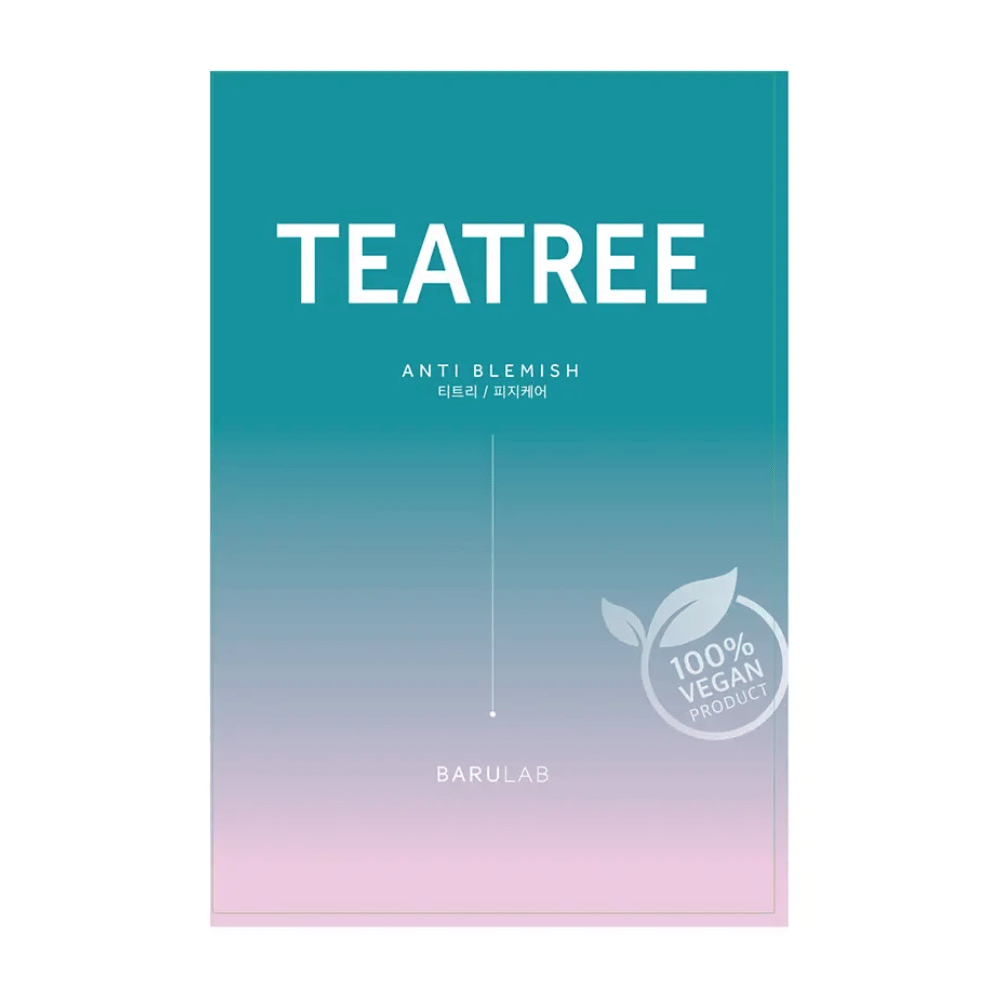 Un paquete de BARULAB máscara "TEATREE Anti Blemish", etiquetado como "Producto 100% Vegano". El empaque tiene un degradado de color desde turquesa en la parte superior hasta rosa claro en la parte inferior.