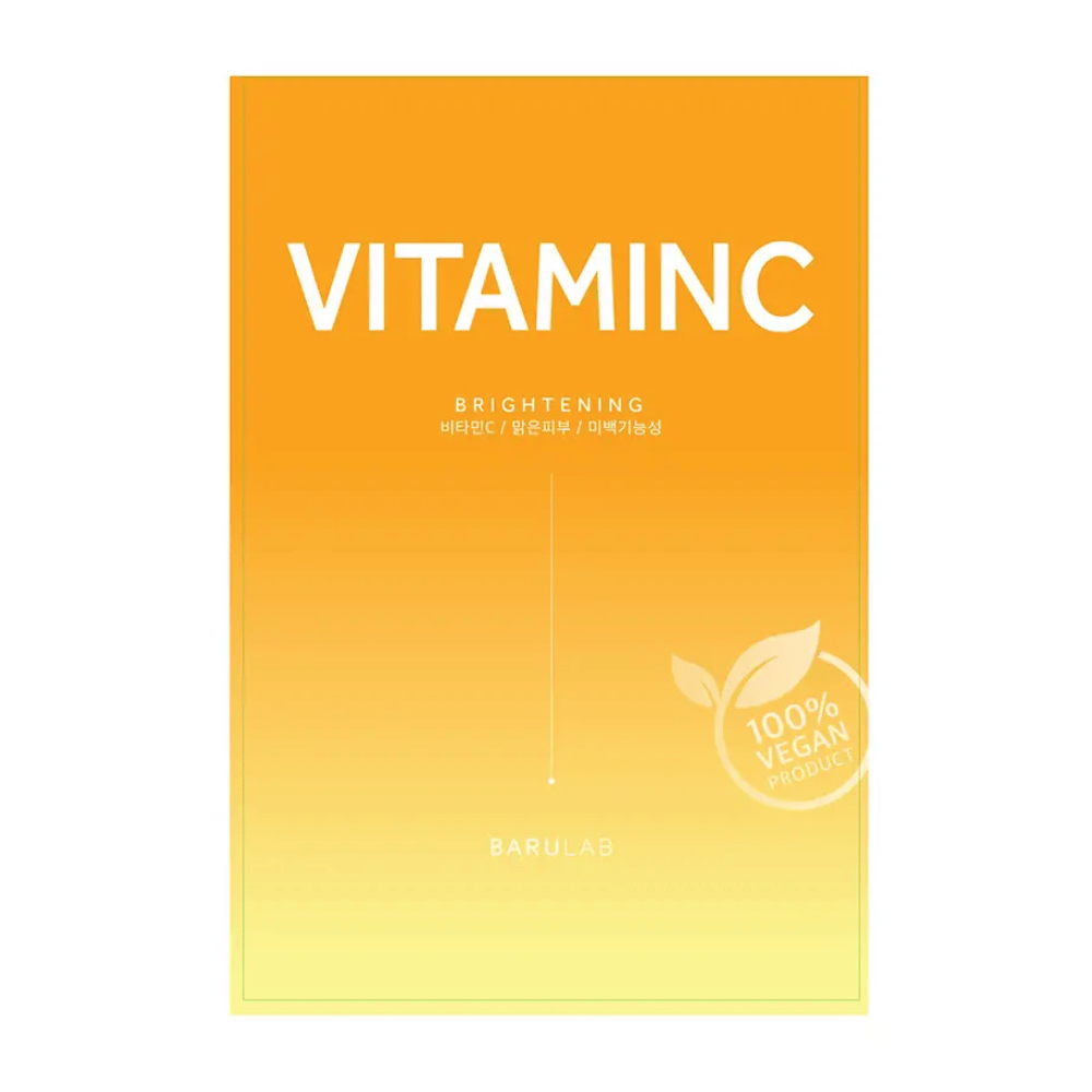 Un paquete de BARULAB máscara "VITAMINC Brightening", etiquetado como "100% Vegan Product". El paquete tiene un degradado de color de naranja en la parte superior a amarillo claro en la parte inferior.