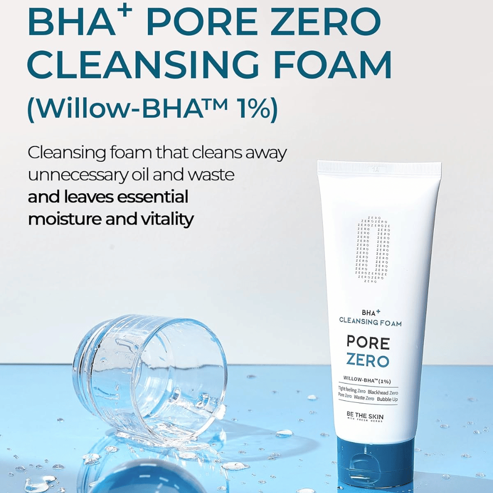 Imagen de campaña que destaca Willow-BHA™ (1%) y la capacidad del producto para eliminar el exceso de sebo e impurezas mientras la piel conserva la hidratación y la luminosidad. La paleta de colores azul aporta una impresión limpia y refrescante.