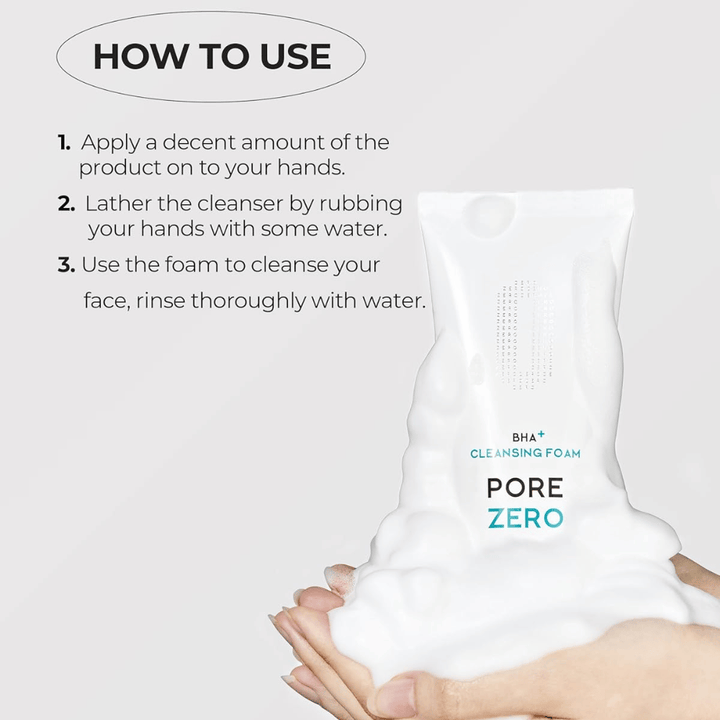 Imagen instructiva que muestra cómo se utiliza Be The Skin BHA+ Pore Zero Cleansing Foam paso a paso. El producto se muestra junto con abundante espuma para resaltar la limpieza suave y espumosa.