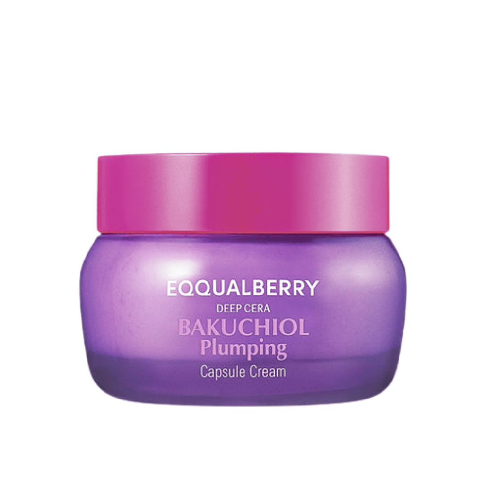 Imagen del producto de EQQUALBERRY Bakuchiol Plumping Capsule Cream en frasco morado con tapa rosa – hidratación intensa y efecto anti-edad.