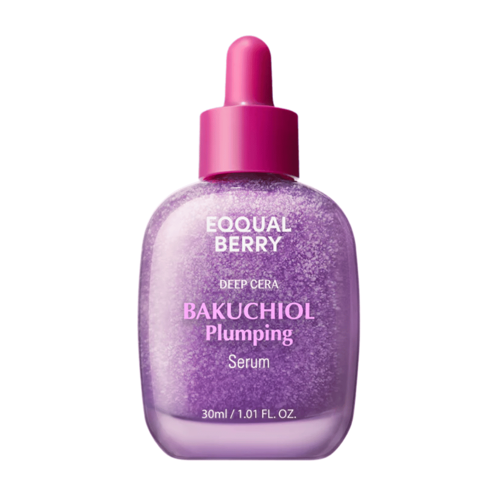 Equal Berry Bakuchiol Plumping Serum en una botella brillante de color lila con pipeta rosa. Suero hidratante y reafirmante para una piel radiante.