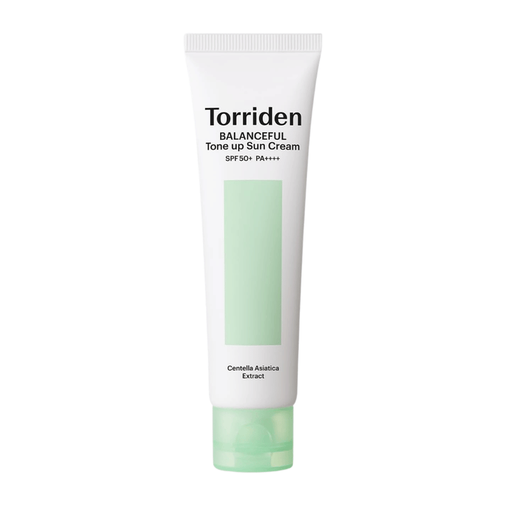 Torriden Imagen del producto Balanceful Tone Up Sun Cream SPF50+ PA++++ sobre fondo blanco con Centella Asiatica para cuidado calmante y protección UV diaria.