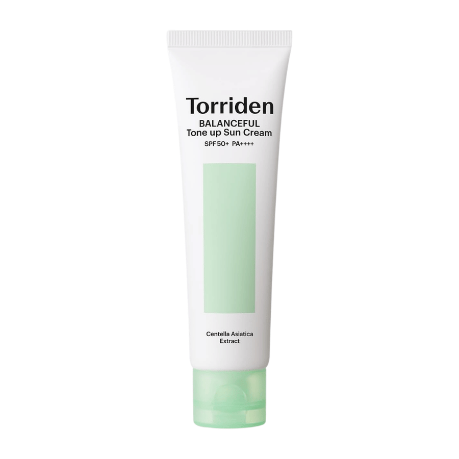 Torriden Imagen del producto Balanceful Tone Up Sun Cream SPF50+ PA++++ sobre fondo blanco con Centella Asiatica para cuidado calmante y protección UV diaria.