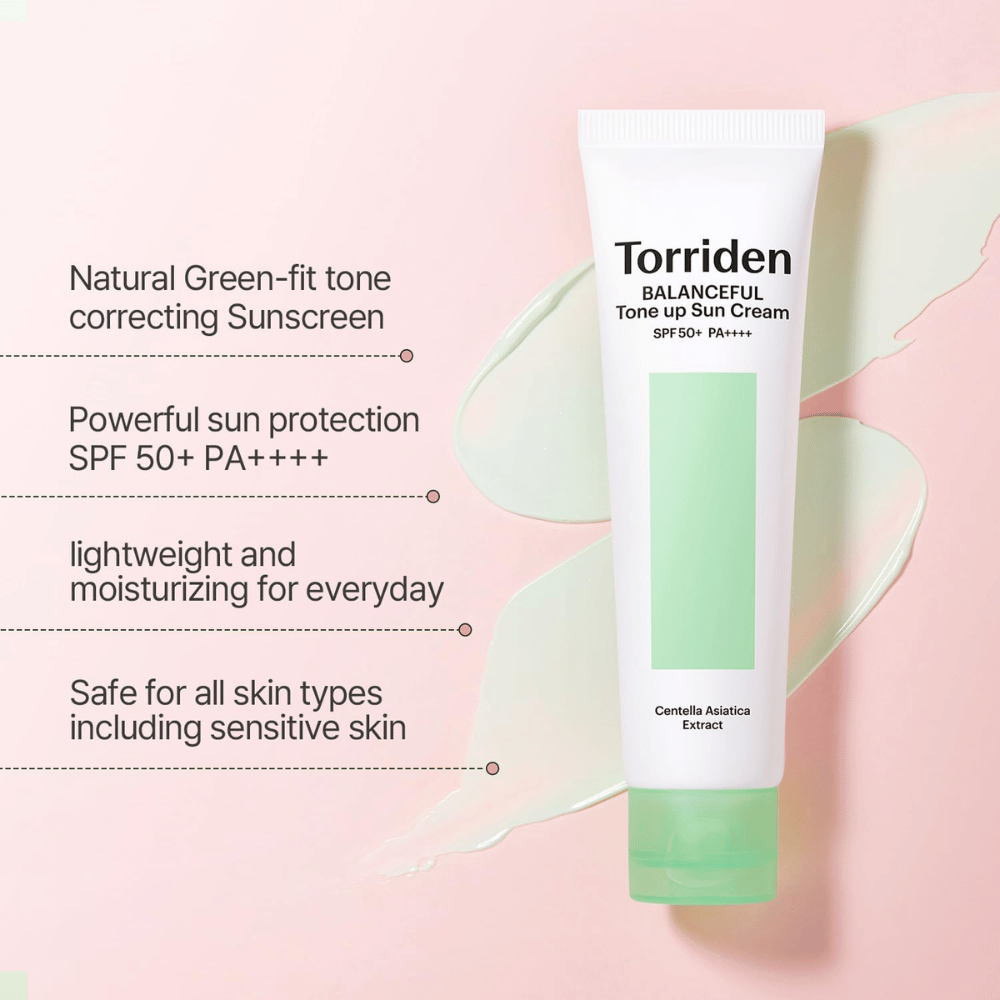 Torriden Balanceful Tone Up Sun Cream SPF50+ PA++++ con efecto tone-up corrector verde que ayuda a unificar el enrojecimiento y aportar luminosidad natural.