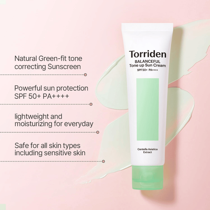 Torriden Balanceful Tone Up Sun Cream SPF50+ PA++++ con efecto tone-up corrector verde que ayuda a unificar el enrojecimiento y aportar luminosidad natural.