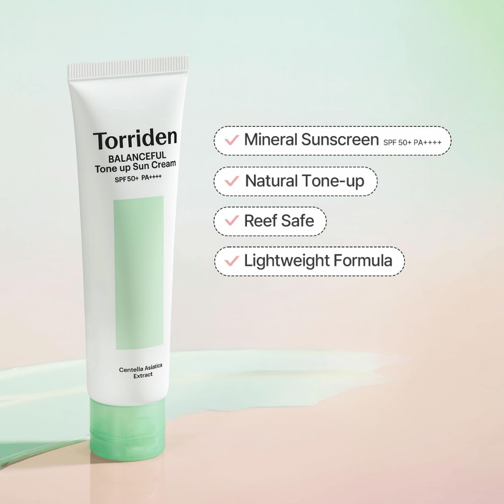 Torriden Balanceful Tone Up Sun Cream SPF50+ PA++++ presentada con enfoque en protección solar de base mineral, efecto tone-up natural, fórmula reef safe y textura ligera.