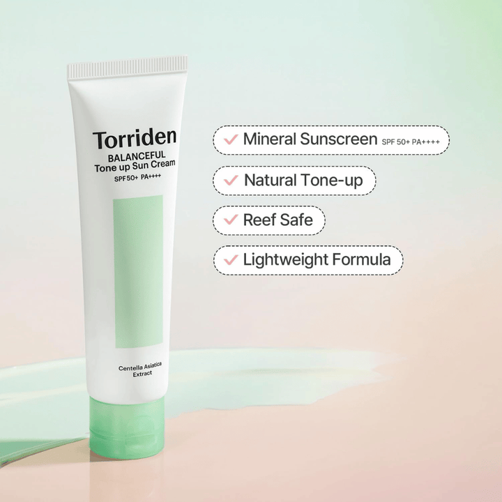 Torriden Balanceful Tone Up Sun Cream SPF50+ PA++++ presentada con enfoque en protección solar de base mineral, efecto tone-up natural, fórmula reef safe y textura ligera.