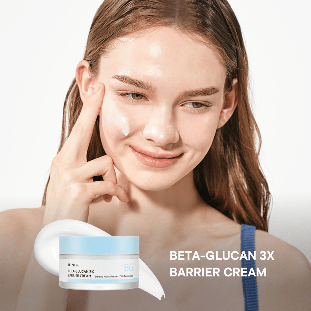 iUNIK Beta-Glucan 3X Barrier Cream se aplica sobre la piel para una hidratación profunda y una barrera cutánea fortalecida