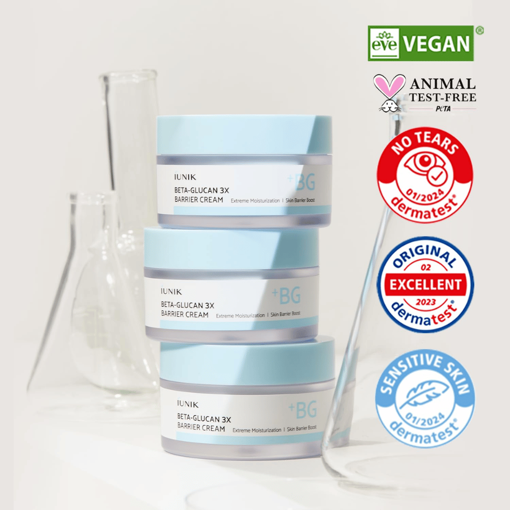 iUNIK Beta-Glucan 3X Barrier Cream con fórmula vegana y crema reparadora de la barrera dermatológicamente probada para piel sensible