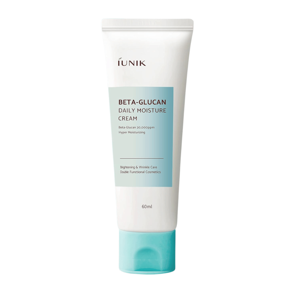 Imagen de producto recortada de iUNIK Beta-Glucan Daily Moisture Cream 60 ml. El diseño del tubo y el nombre del producto se muestran claramente sobre un fondo neutro, lo que proporciona una presentación del producto limpia y profesional.