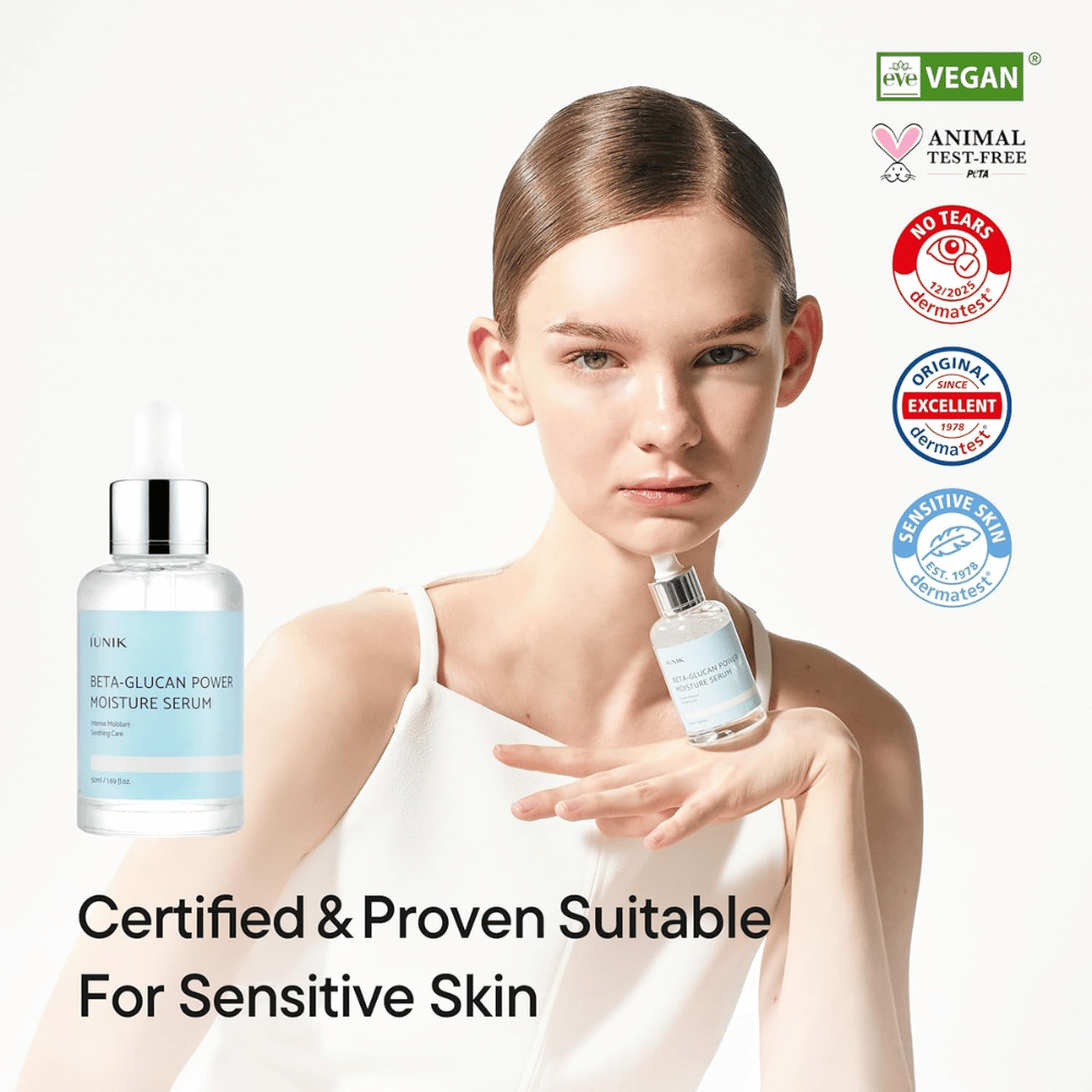 iUNIK Beta-Glucan Power Moisture Serum – suero vegano y cruelty-free que es adecuado para piel sensible y fortalece la barrera cutánea