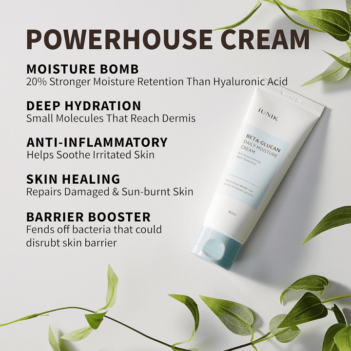 Imagen de producto centrada en los principales beneficios de iUNIK Beta-Glucan Daily Moisture Cream. La imagen destaca la hidratación intensa, la humedad de acción profunda, las propiedades calmantes, el apoyo a la barrera cutánea y el cuidado de la piel seca o irritada.