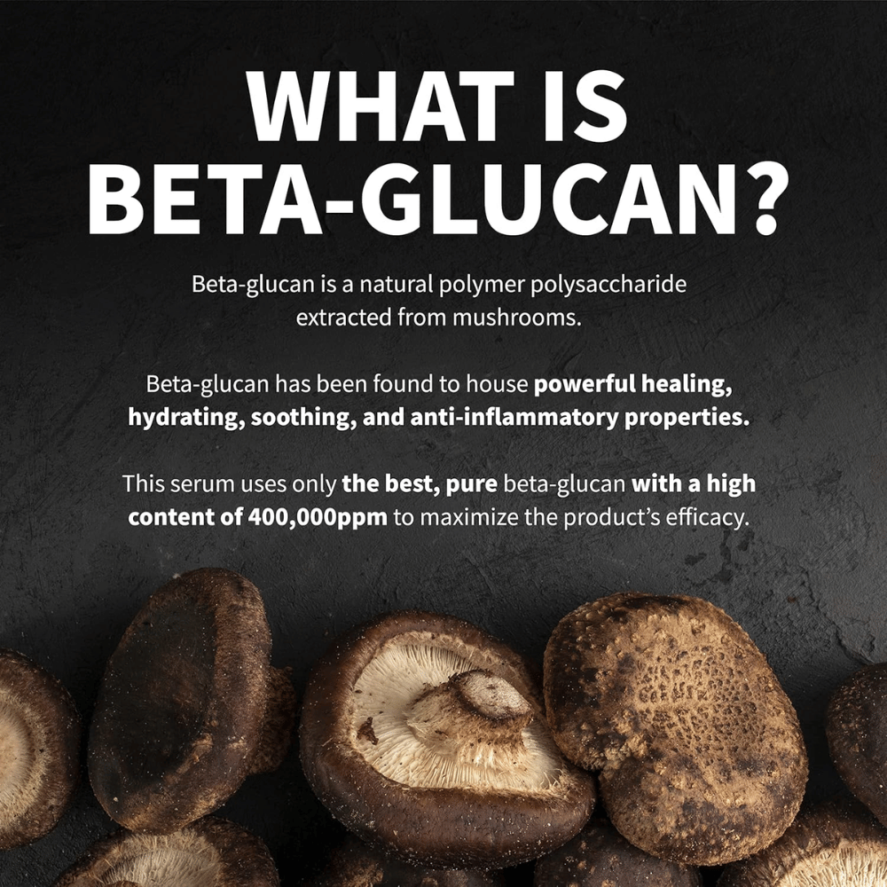 Imagen informativa que explica qué es el beta-glucano. La imagen muestra hongos como fuente de materia prima y describe el beta-glucano como un ingrediente con propiedades hidratantes, calmantes y beneficiosas para la piel.