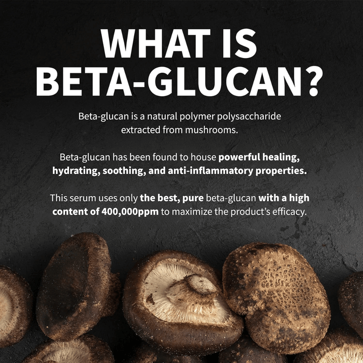 Imagen informativa que explica qué es el beta-glucano. La imagen muestra hongos como fuente de materia prima y describe el beta-glucano como un ingrediente con propiedades hidratantes, calmantes y beneficiosas para la piel.