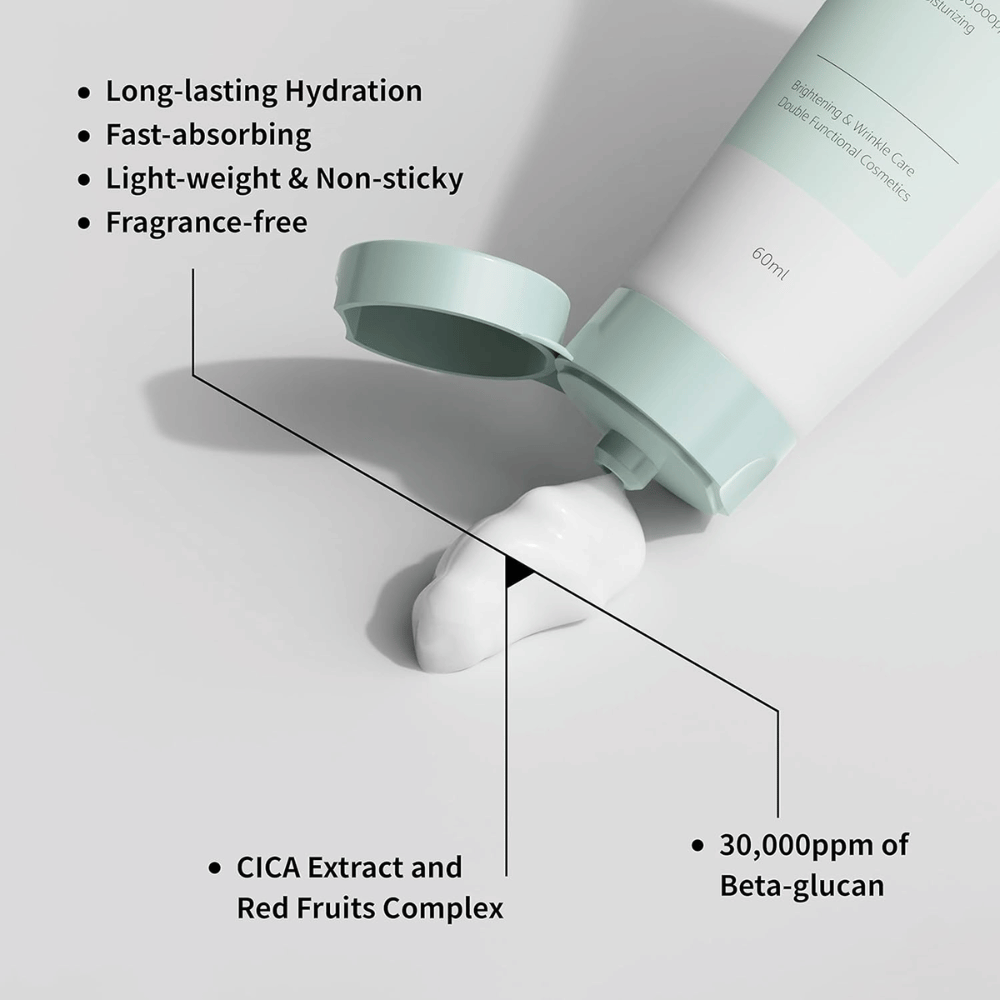 Primer plano de iUNIK Beta-Glucan Daily Moisture Cream donde la crema se exprime del tubo. La imagen resalta la textura ligera del producto y propiedades importantes como la hidratación duradera, la rápida absorción, la sensación no pegajosa, la fórmula sin perfume, el beta-glucano y los ingredientes calmantes como el extracto de CICA.
