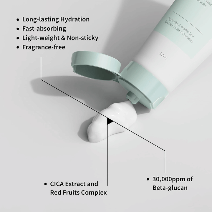Primer plano de iUNIK Beta-Glucan Daily Moisture Cream donde la crema se exprime del tubo. La imagen resalta la textura ligera del producto y propiedades importantes como la hidratación duradera, la rápida absorción, la sensación no pegajosa, la fórmula sin perfume, el beta-glucano y los ingredientes calmantes como el extracto de CICA.