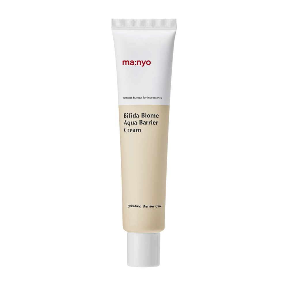 5. Ma:nyo Bifida Biome Aqua Barrier Cream – crema facial ligera e hidratante que fortalece la barrera cutánea en tubo blanco y beige