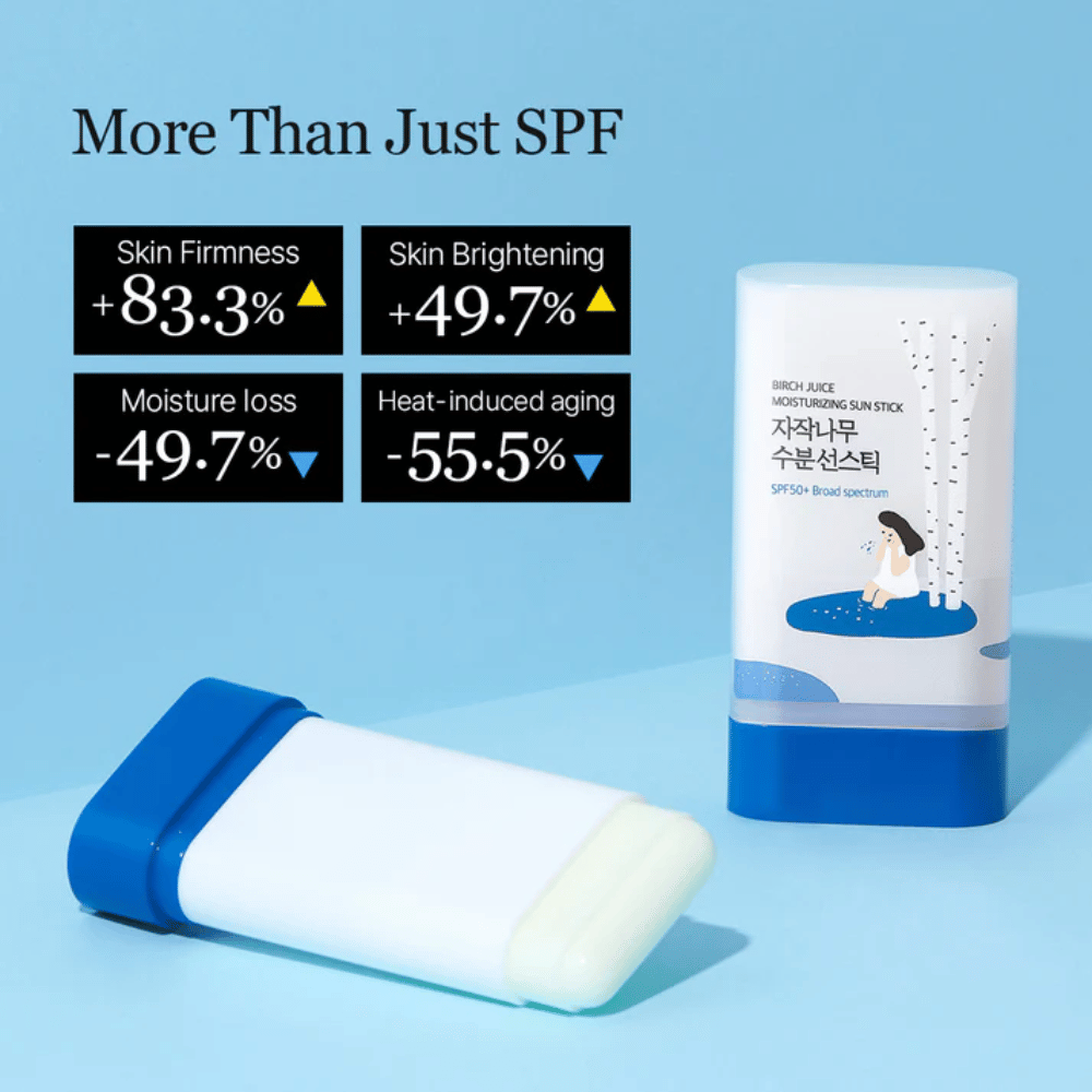 ROUND LAB Birch Juice Sun Stick con SPF50+ se muestra con resultados de mejora de la elasticidad de la piel y reducción de la pérdida de hidratación