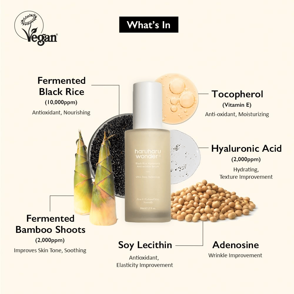 Haruharu Wonder Black Rice Hyaluronic Anti-Wrinkle Serum con arroz negro fermentado, ácido hialurónico y vitamina E