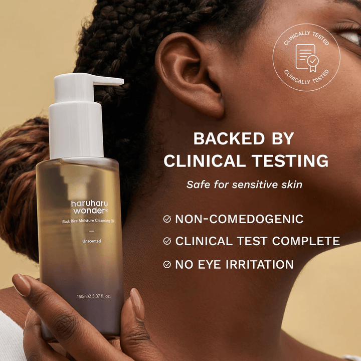 Haruharu Wonder Black Rice Moisture Cleansing Oil 150 ml – aceite limpiador clínicamente probado para piel sensible, no comedogénico y sin irritación ocular.