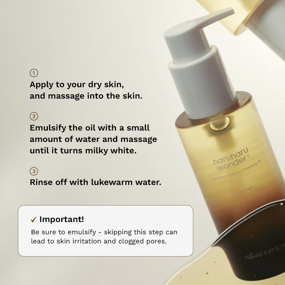 Haruharu Wonder Black Rice Moisture Cleansing Oil guía de aplicación – aceite limpiador que se masajea sobre la piel seca, se emulsiona con agua y se enjuaga para una eliminación eficaz del maquillaje.