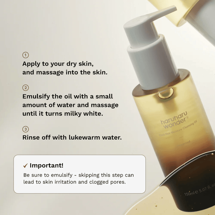 Haruharu Wonder Black Rice Moisture Cleansing Oil guía de aplicación – aceite limpiador que se masajea sobre la piel seca, se emulsiona con agua y se enjuaga para una eliminación eficaz del maquillaje.