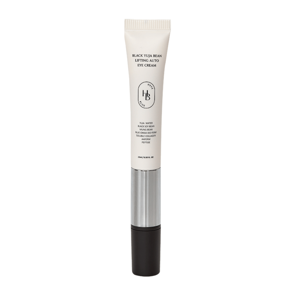 Imagen del producto de HEVE BLUE Black Yuja Bean Lifting Auto Eye Cream - un tubo con parte superior blanca, centro plateado y aplicador negro. El texto en el empaque enumera ingredientes como agua de yuja y frijol de soya negro.