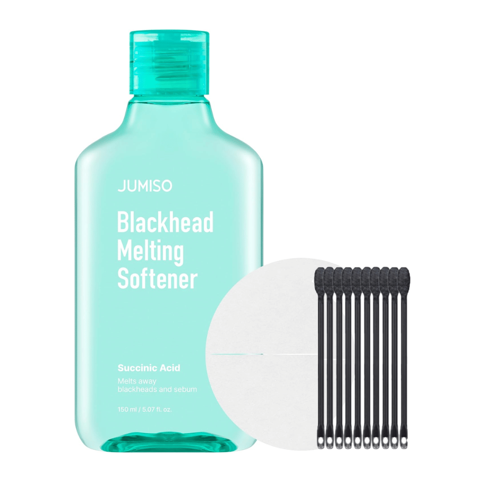 Imagen del producto de JUMISO Blackhead Melting Softener Special Set. Contiene botella, almohadillas y bastoncillos para un tratamiento eficaz de puntos negros.