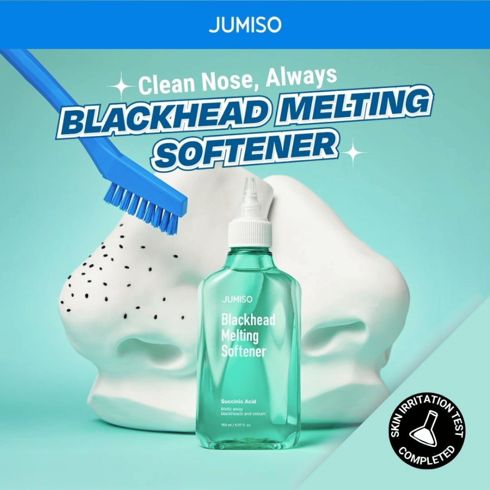 JUMISO Blackhead Melting Softener con cepillo contra el modelo blanco de nariz. Texto: "Nariz limpia, siempre". Clínicamente probado para irritación de la piel.