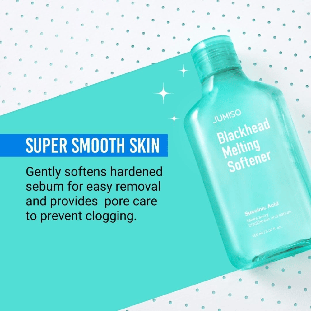JUMISO Blackhead Melting Softener se muestra sobre un fondo turquesa. El texto enfatiza que el producto suaviza el sebo y previene los poros obstruidos.