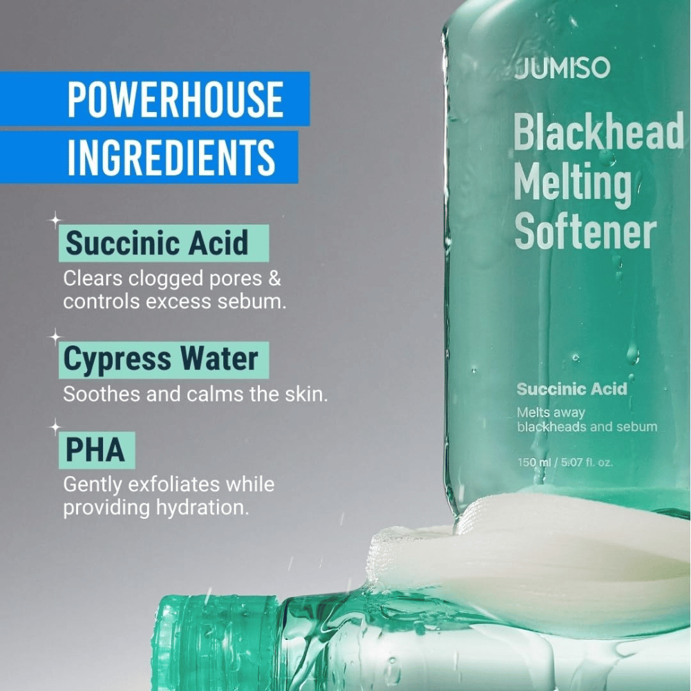Primer plano de la botella de JUMISO Blackhead Melting Softener. El texto muestra los ingredientes clave: ácido succínico, agua de ciprés y PHA para limpieza de poros.