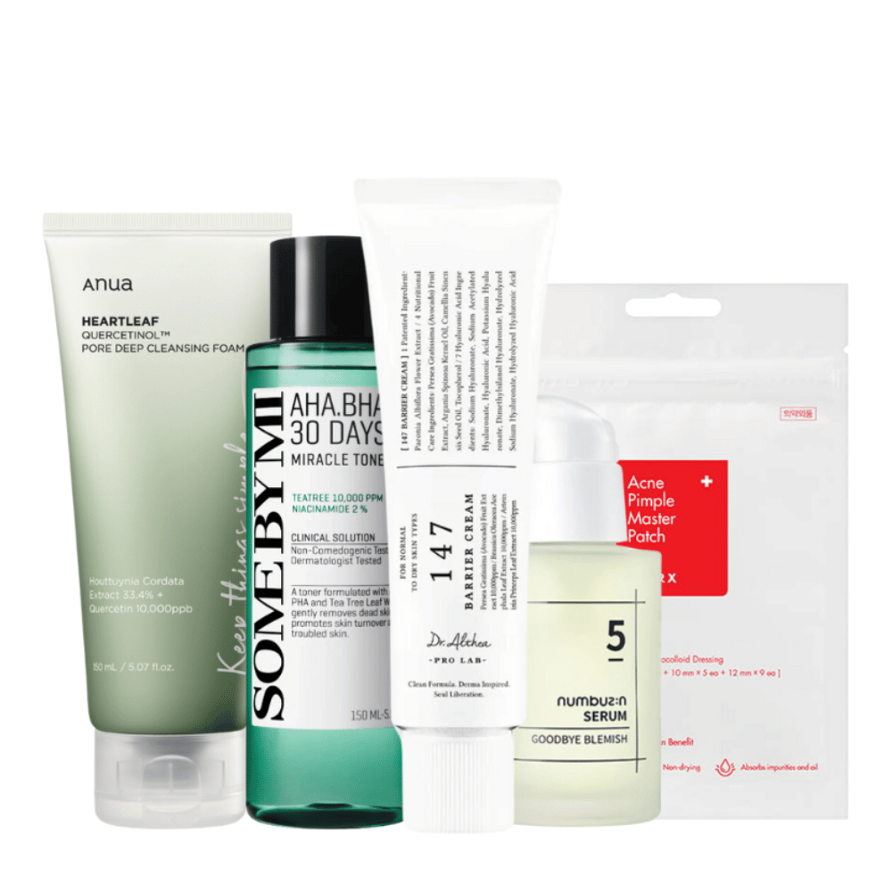
Una colección de productos para el cuidado de la piel destinados a combatir las imperfecciones y el acné. El set incluye Anua Heartleaf Quercetin+ Pore Deep Cleansing Foam, SOME BY MI AHA.BHA.PHA 30 Days Miracle Toner, Dr. Althea Pro Lab 5 Numbuzin Serum, y Acne Pimple Master Patch. Estos productos están especialmente formulados para calmar, aclarar y tratar la piel problemática, así como para reducir eficazmente la visibilidad de granos y poros.