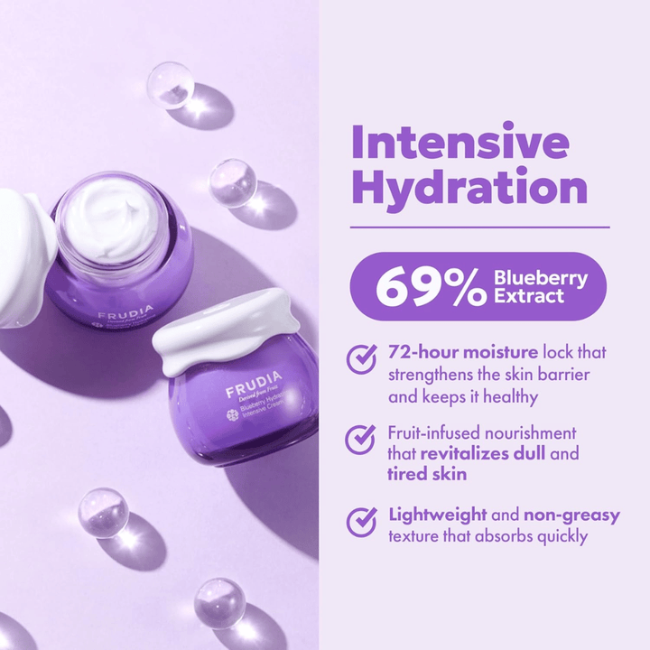 FRUDIA Blueberry Hydrating Intensive Cream con hidratación intensa, 69 % de extracto de arándano y consistencia cremosa para piel seca y deshidratada