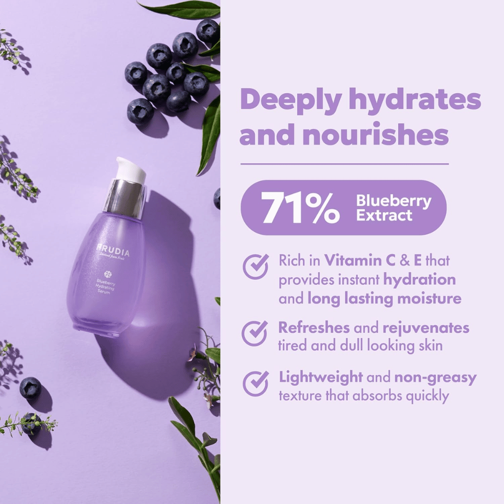 FRUDIA Blueberry Hydrating Serum con 71 % de extracto de arándano que proporciona hidratación intensa, humedad duradera, textura ligera y brillo fresco a la piel seca.