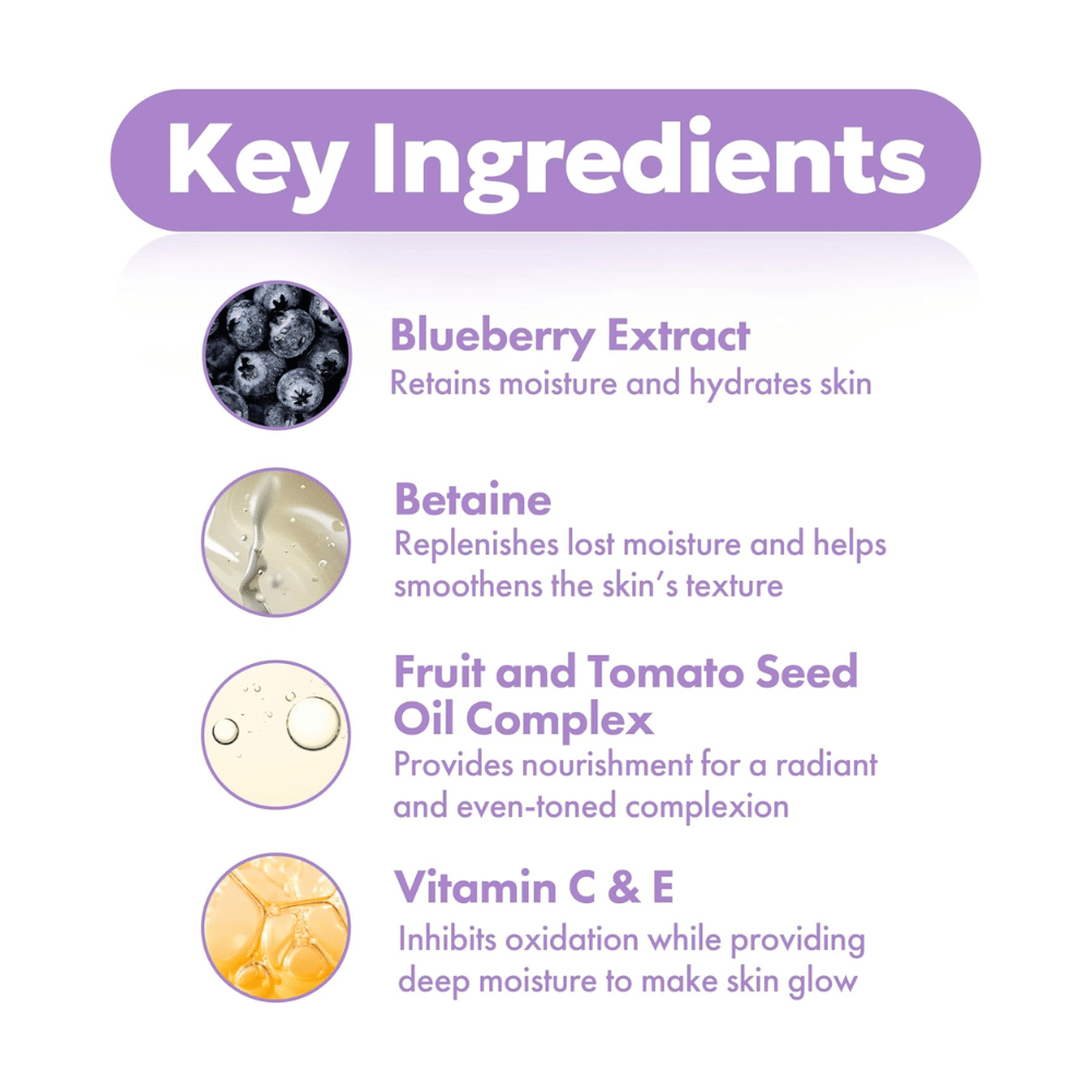 Ingredientes clave en FRUDIA Blueberry Hydrating Serum con extracto de arándano, betaína, complejo de aceites de semillas y vitaminas C y E para una piel hidratada y radiante.