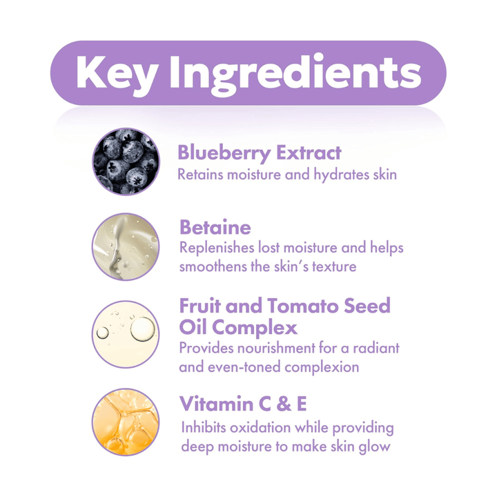 Ingredientes clave en FRUDIA Blueberry Hydrating Serum con extracto de arándano, betaína, complejo de aceites de semillas y vitaminas C y E para una piel hidratada y radiante.