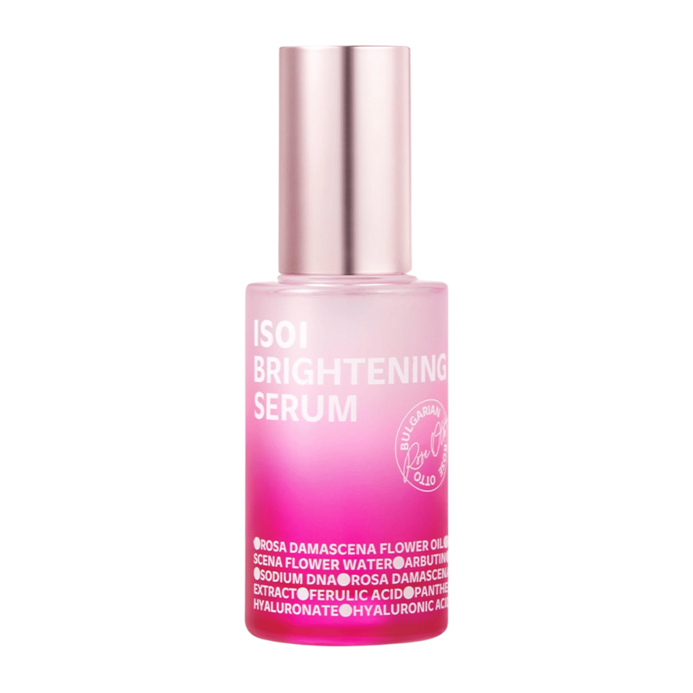 ISOI Brightening Serum 35 ml, sérum facial iluminador con Rose PDRN y arbutina en un frasco de vidrio rosa con tapa rosa metálica sobre fondo blanco.