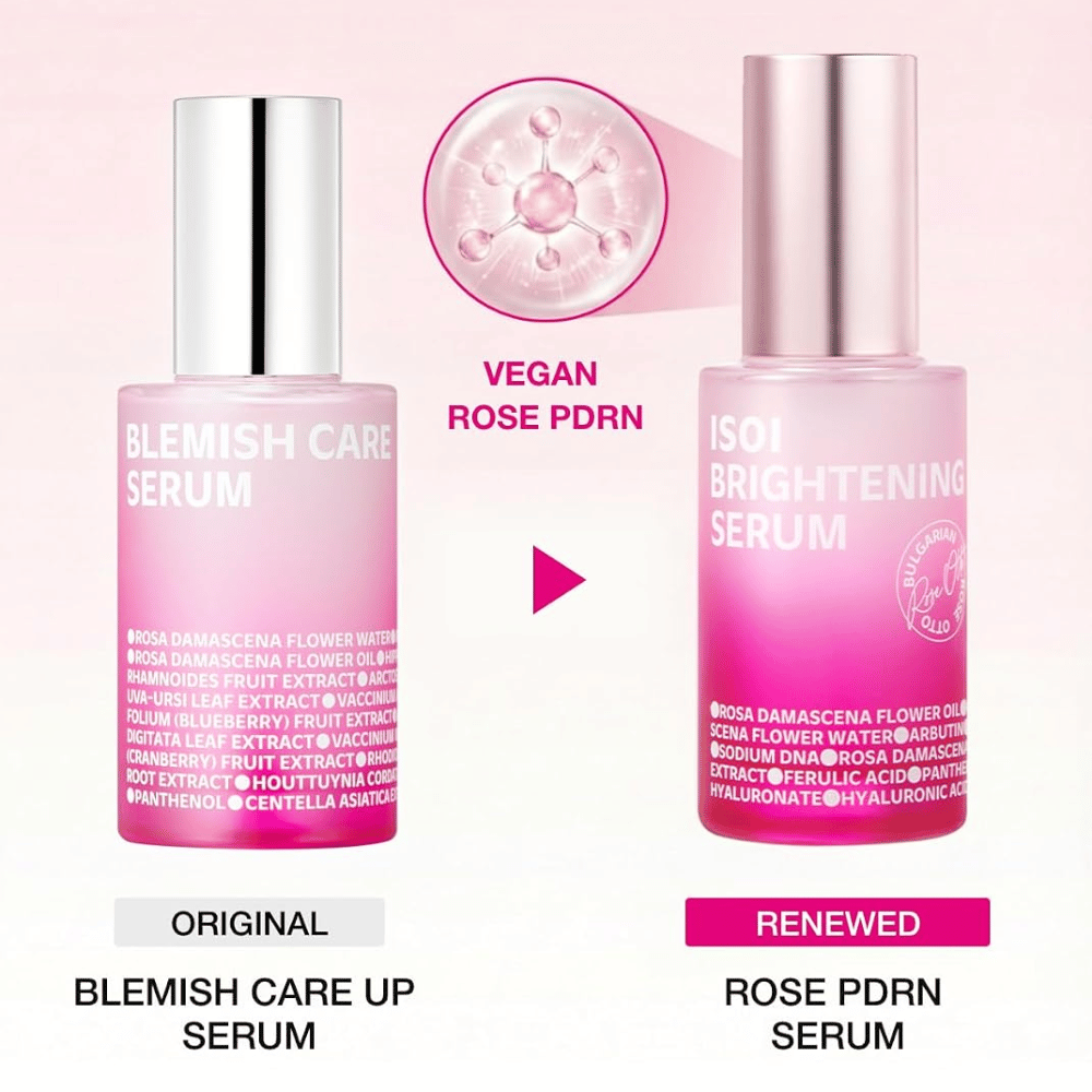 ISOI Brightening Serum con Rose PDRN vegano. Comparación entre el original Blemish Care Up Serum y el frasco de sérum rosa actualizado.