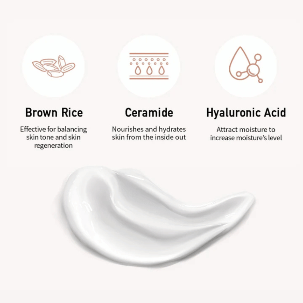Primer plano de la fórmula de crema solar junto con ilustraciones y explicaciones de tres ingredientes clave: arroz integral para un tono de piel uniforme, ceramidas para nutrición y ácido hialurónico para hidratación.