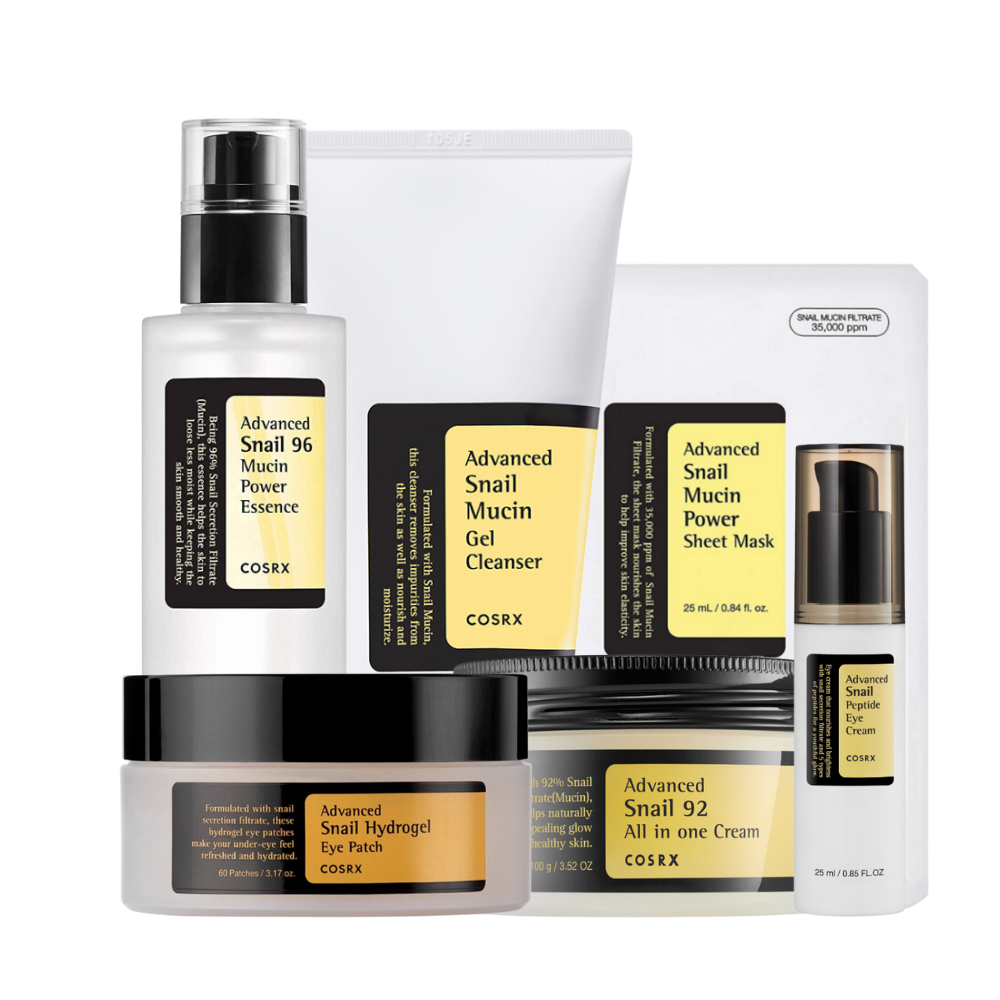 Una colección de COSRX productos de belleza con tema de baba de caracol, incluyendo esencia, limpiador en gel, mascarilla de hoja, parches para ojos y crema.