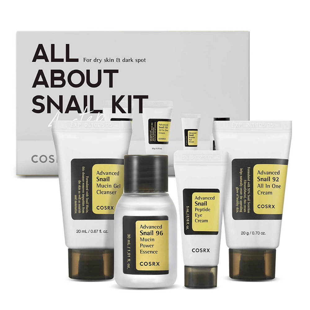 COSRX Todo Sobre el Kit de Caracol – caja de cuidado de la piel coreana con Limpiador de Mucina de Caracol, Esencia, Crema para Ojos y Crema Todo en Uno para hidratación y reparación.