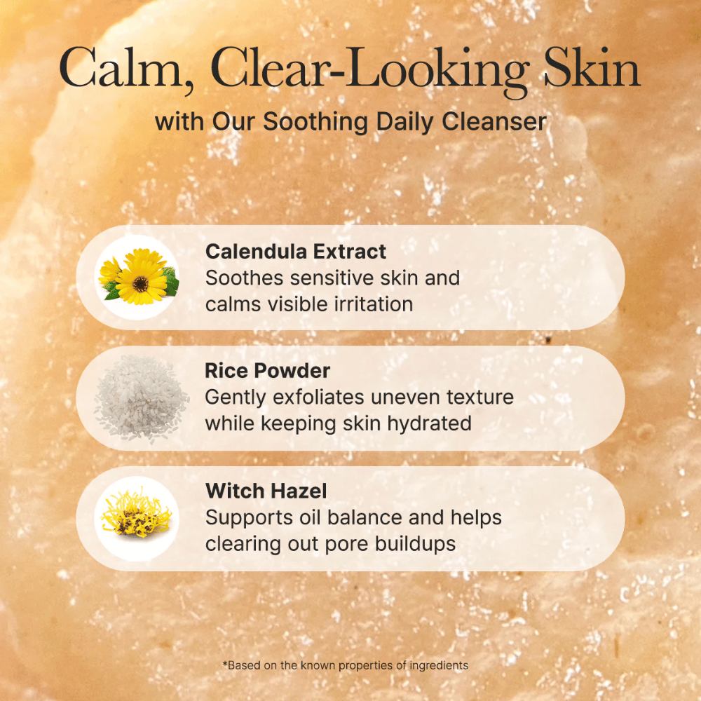 Arencia Calendula Rice Mochi Cleanser con ingredientes como caléndula, polvo de arroz y hamamelis – calma, exfolia y equilibra la piel.