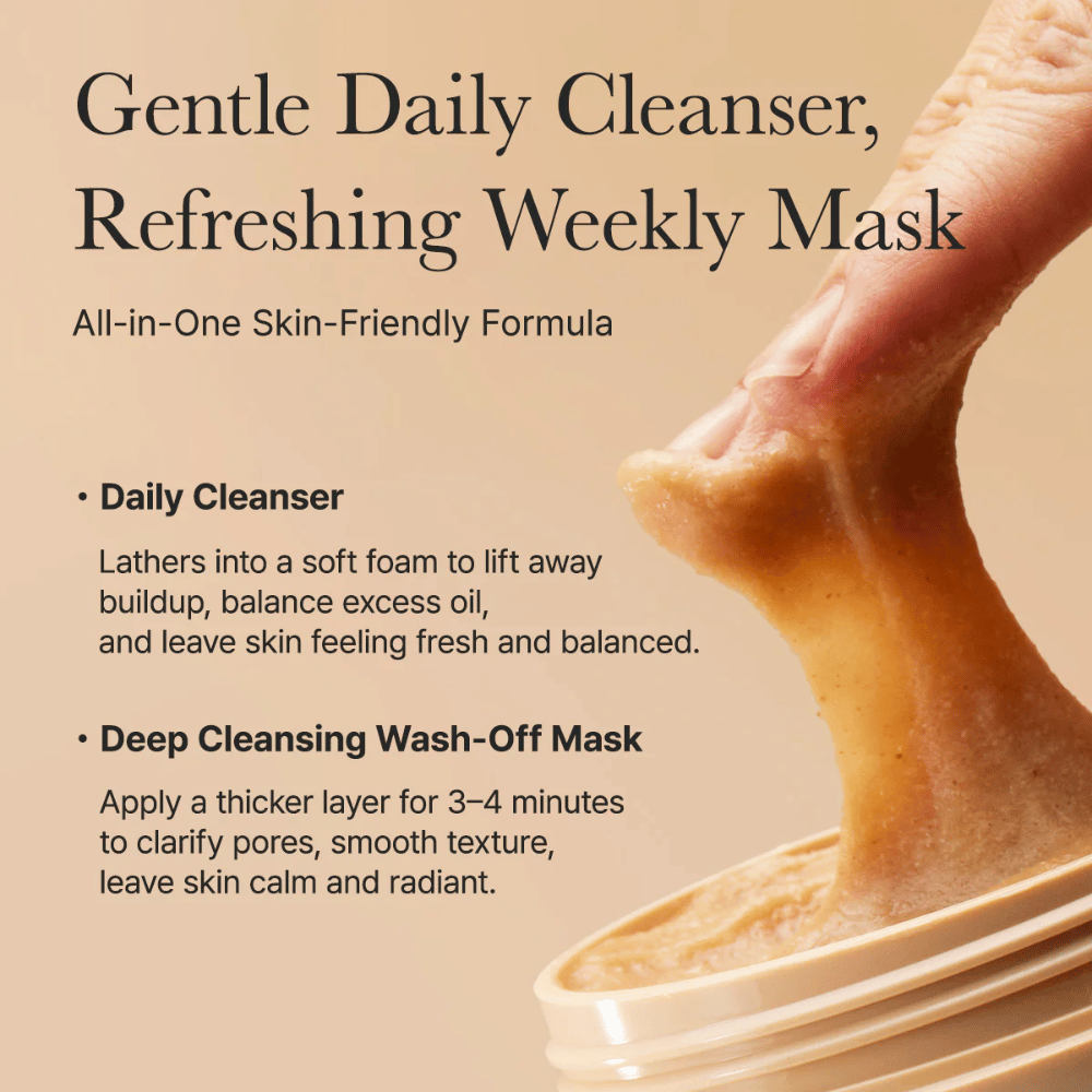 Primer plano de Arencia Calendula Rice Mochi Cleanser – fórmula todo en uno que funciona como limpieza diaria y mascarilla limpiadora profunda.